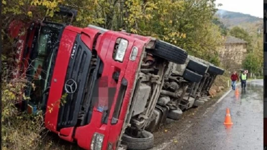 Tomruk yüklü tır devrildi